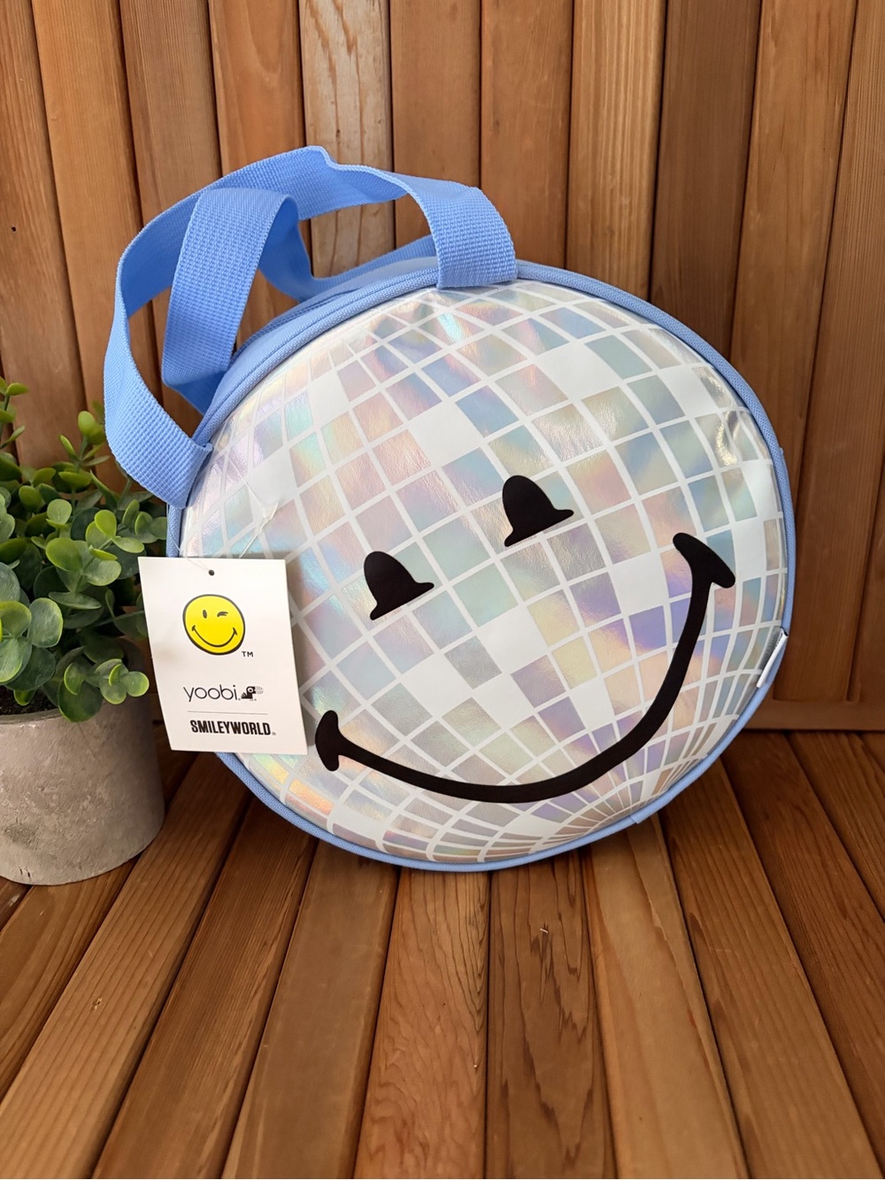 Yoobi x SmileyWorld Holographic Disco Ball Lunch Bag with Blue Handles